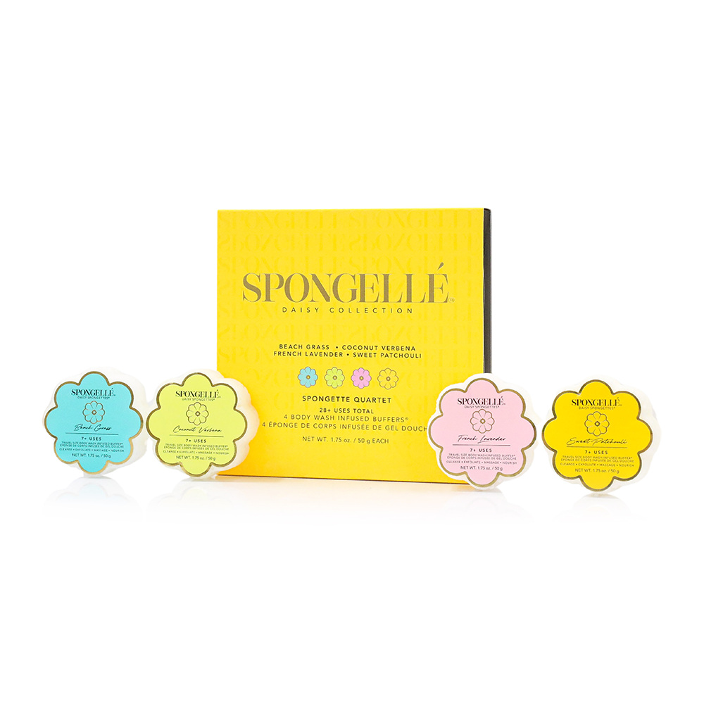 Spongellé Spongette Quartet body gift set with four colorful exfoliating sponges in vibrant packaging.