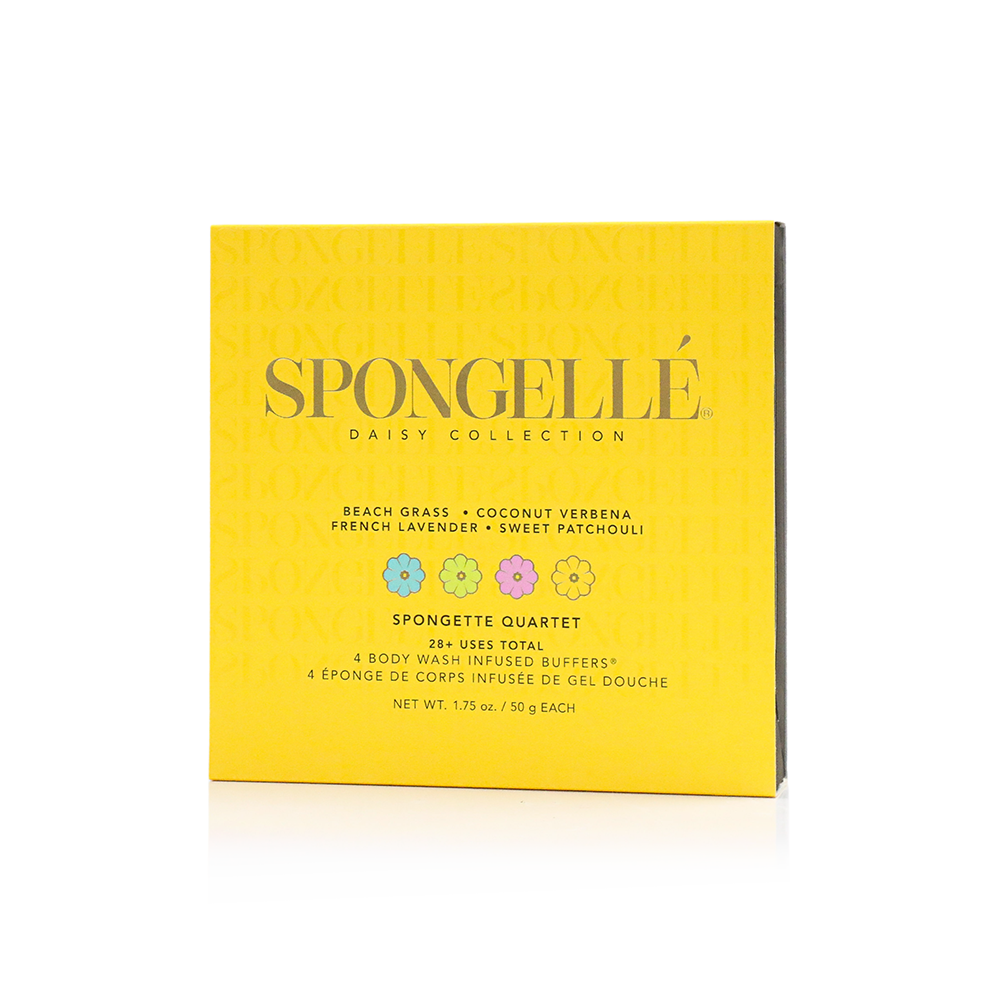 Spongellé Spongette Quartet body gift set with four scented exfoliating sponges, ideal for luxurious skincare routines.