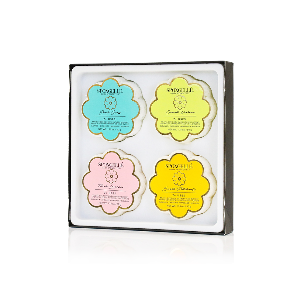 Spongellé Spongette Quartet body gift set with four exfoliating body sponges in colorful packaging.