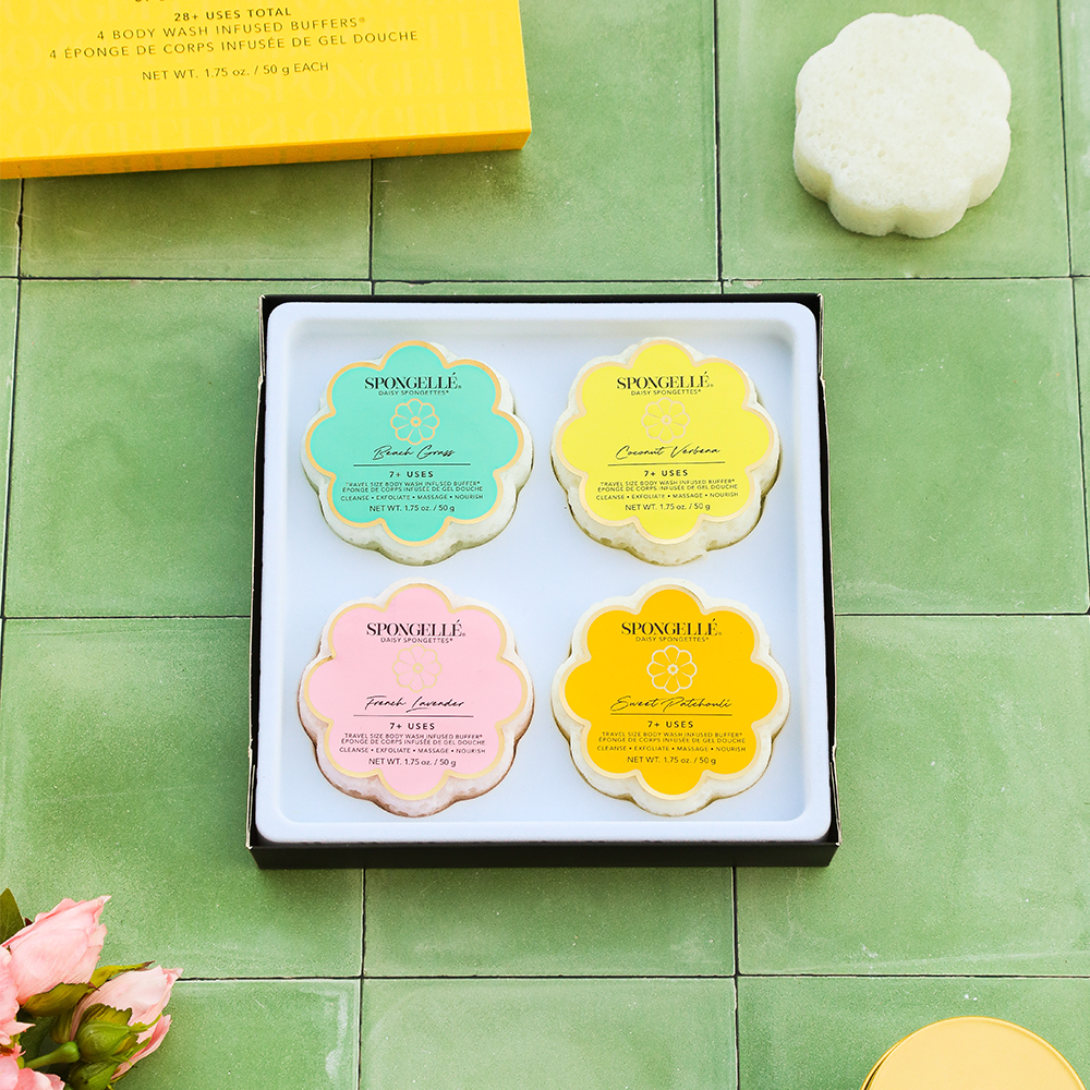 Set of four Spongellé Spongette body gift sponges in a gift set, designed for gentle cleansing and skincare.