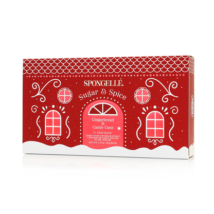 Spongellé Sugar & Spice Holiday Gingerbread Body Wash Infused Buffer with festive gingerbread design and textured surface.