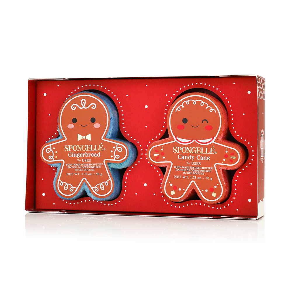 Spongellé Sugar & Spice Holiday Gingerbread Body Wash Infused Buffer with festive gingerbread design and textured surface.