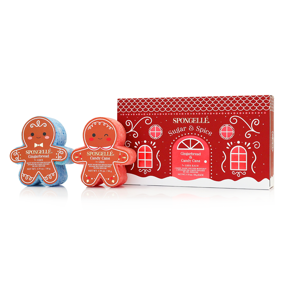 Spongellé Sugar & Spice Holiday Gingerbread Body Wash Infused Buffer with festive gingerbread design and holiday-themed packaging.