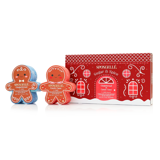 Spongellé Sugar & Spice Holiday Gingerbread Body Wash Infused Buffer with festive gingerbread design and holiday-themed packaging.