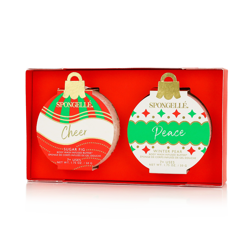 Spongellé Celebrate the Season holiday ornament gift set with body wash infused buffer and festive design.