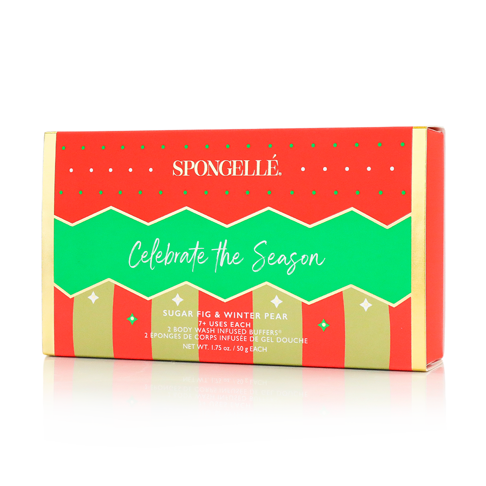 Spongellé Celebrate the Season holiday ornament gift set with body wash infused buffers in festive packaging.