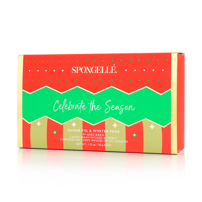Spongellé Celebrate the Season holiday ornament gift set with body wash infused buffers in festive packaging.