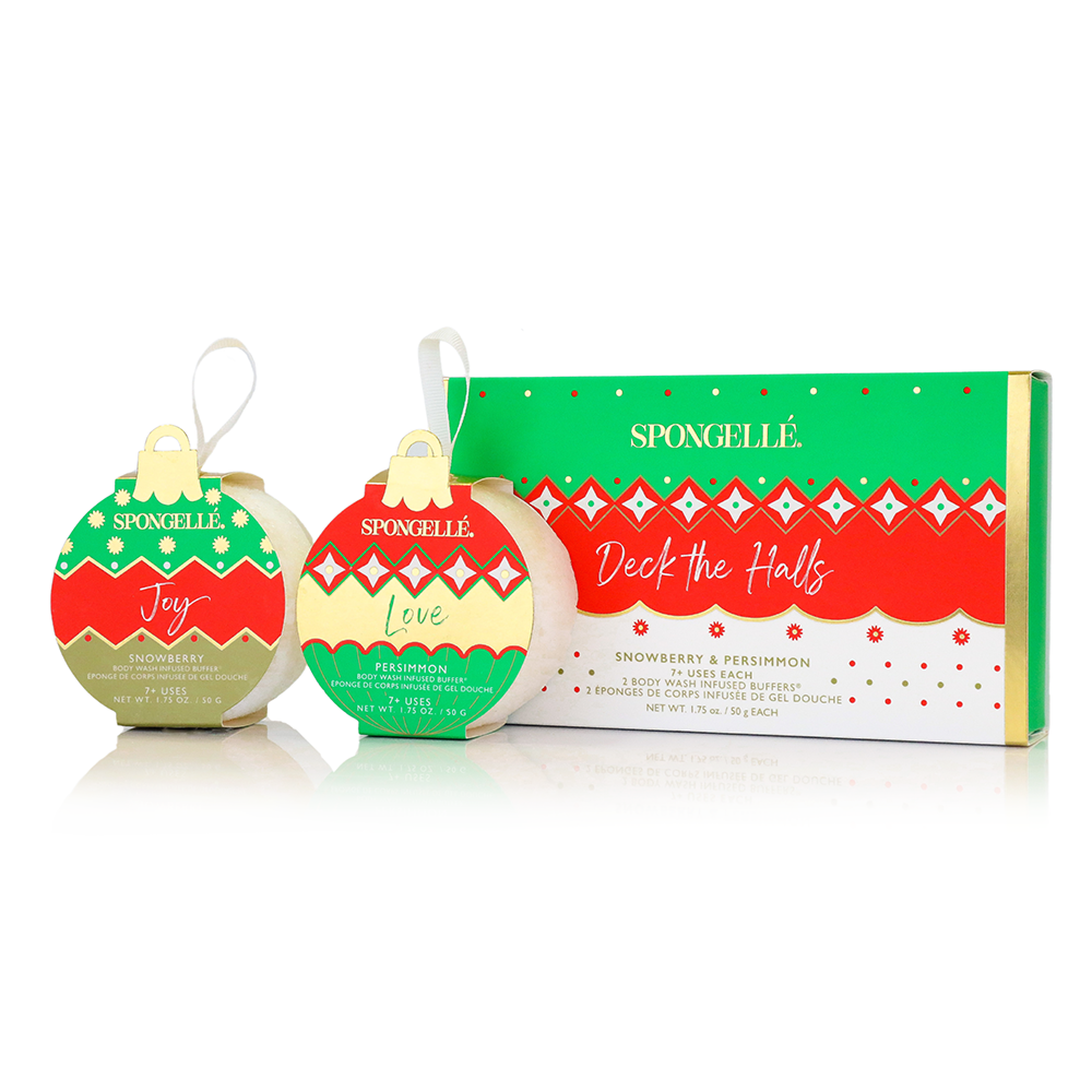 Spongellé Deck the Halls holiday ornament gift set with body wash infused buffer, festive design, and colorful packaging.