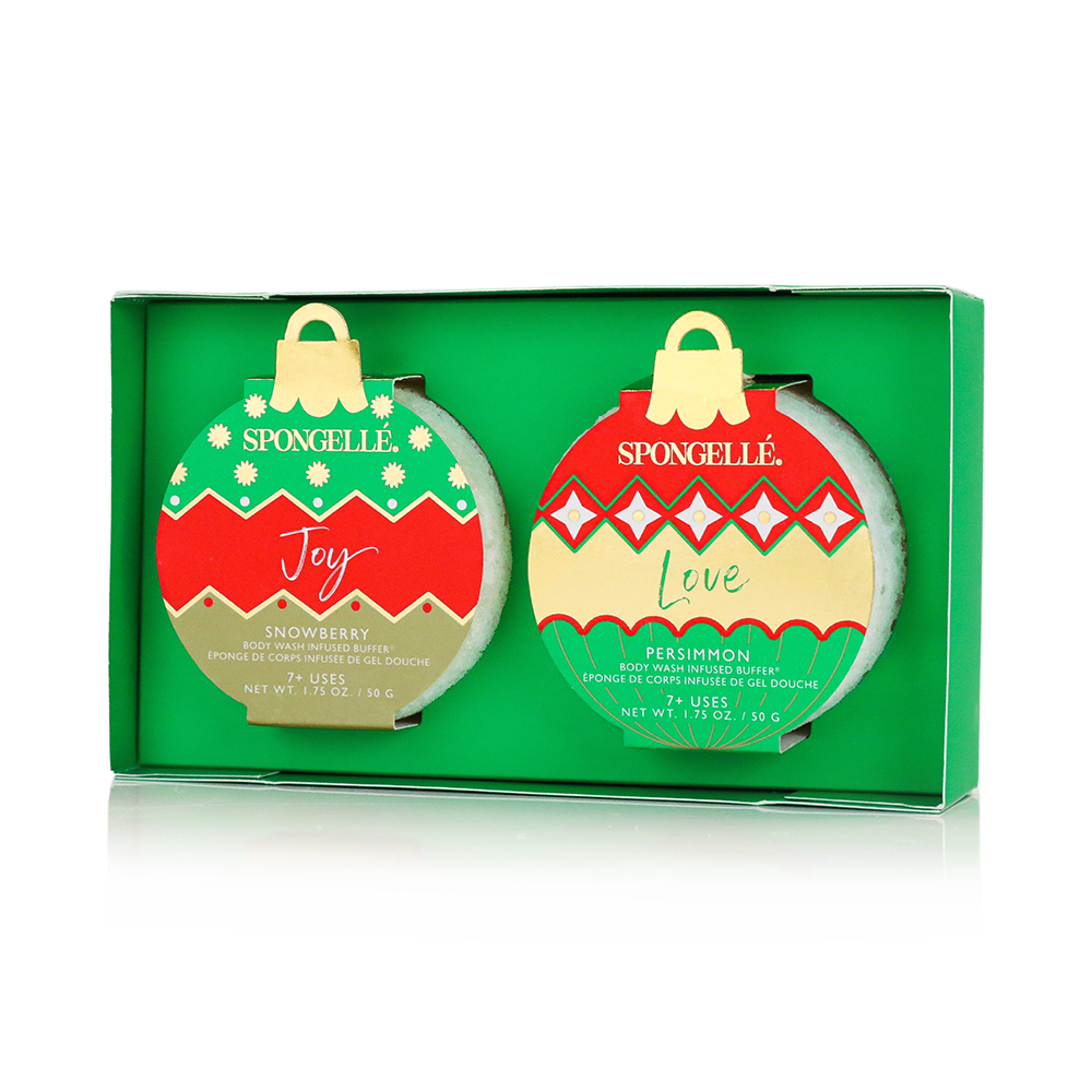 Spongellé Deck the Halls holiday ornament gift set with body wash infused buffers, featuring festive red and green packaging.