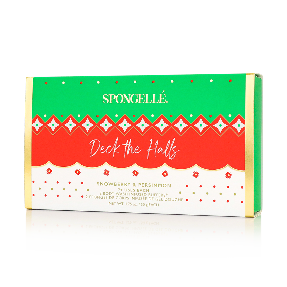 Spongellé Deck the Halls holiday ornament gift set with body wash infused buffer in festive packaging.