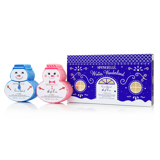 Spongellé Winter Wonderland holiday snowman body wash infused buffer with festive design and winter-themed packaging.