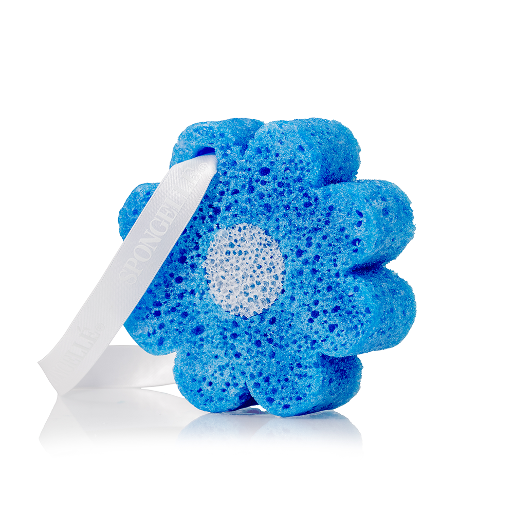 White Ginger Hawaiian Buffer body wash-infused buffer from Spongellé, showing the textured white sponge with subtle branding details.