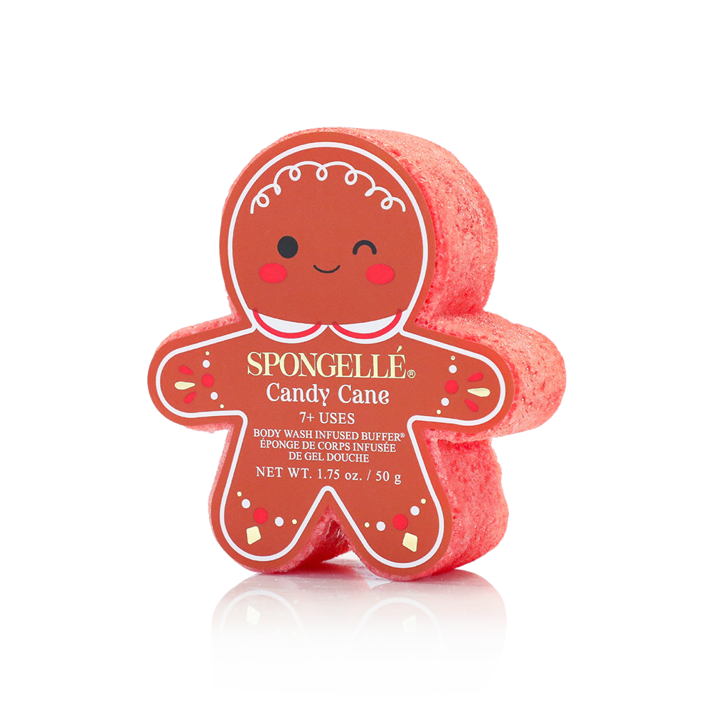 Spongellé Sugar & Spice Holiday Gingerbread Body Wash Infused Buffer with festive gingerbread scent and holiday-themed packaging.