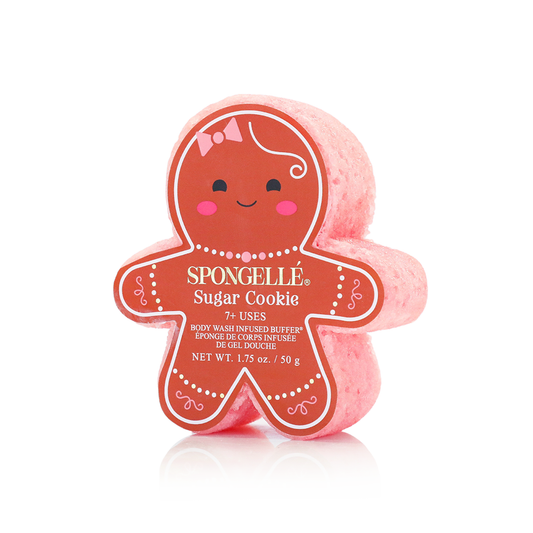 Spongellé Sugar Cookie Holiday Gingerbread body wash infused buffer with festive gingerbread and sugar cookie scent, textured for skincare.