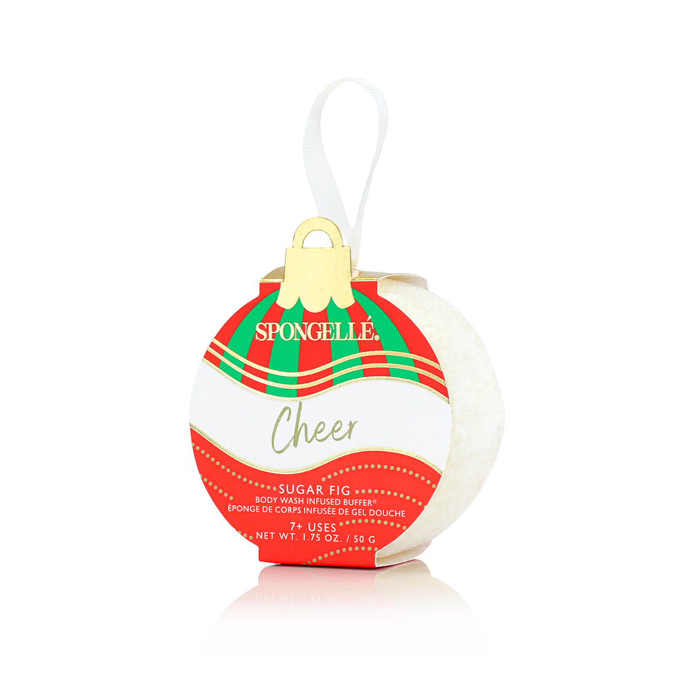 Spongellé Celebrate the Season holiday ornament gift set with body wash infused buffers in festive packaging.