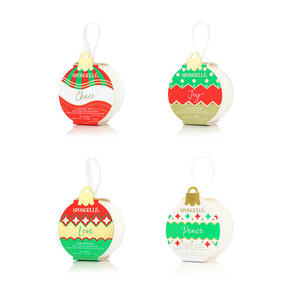 Spongellé holiday ornament assorted pack with body wash infused buffers in festive shapes and colors.
