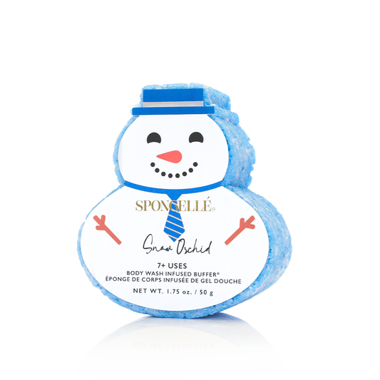 Spongellé Snow Orchid Holiday Snowman body wash infused buffer with snowflake design and floral scent for luxurious skincare.
