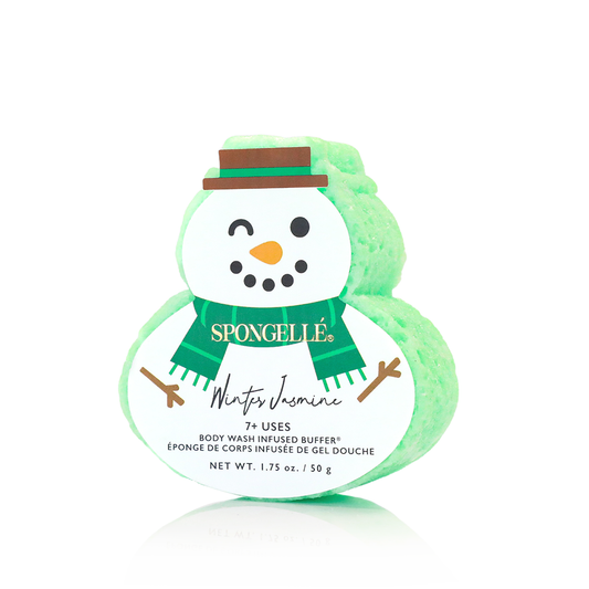 Spongellé Winter Jasmine Body Wash Infused Buffer with holiday snowman design, featuring floral scent and textured body cleansing surface.