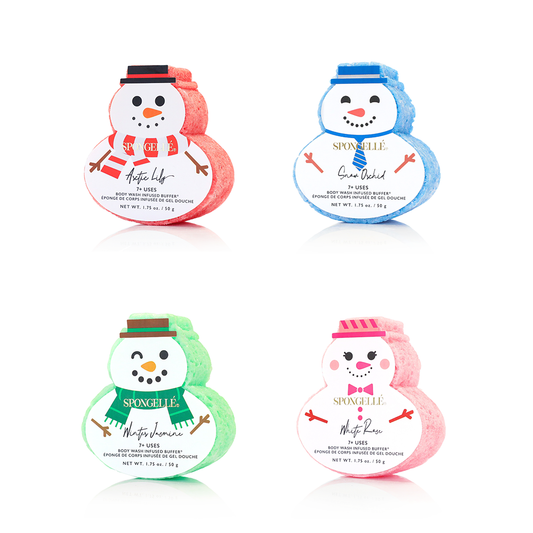 Assorted holiday snowman-shaped Spongellé body wash infused buffers, festive and colorful for skincare and holiday gifting.