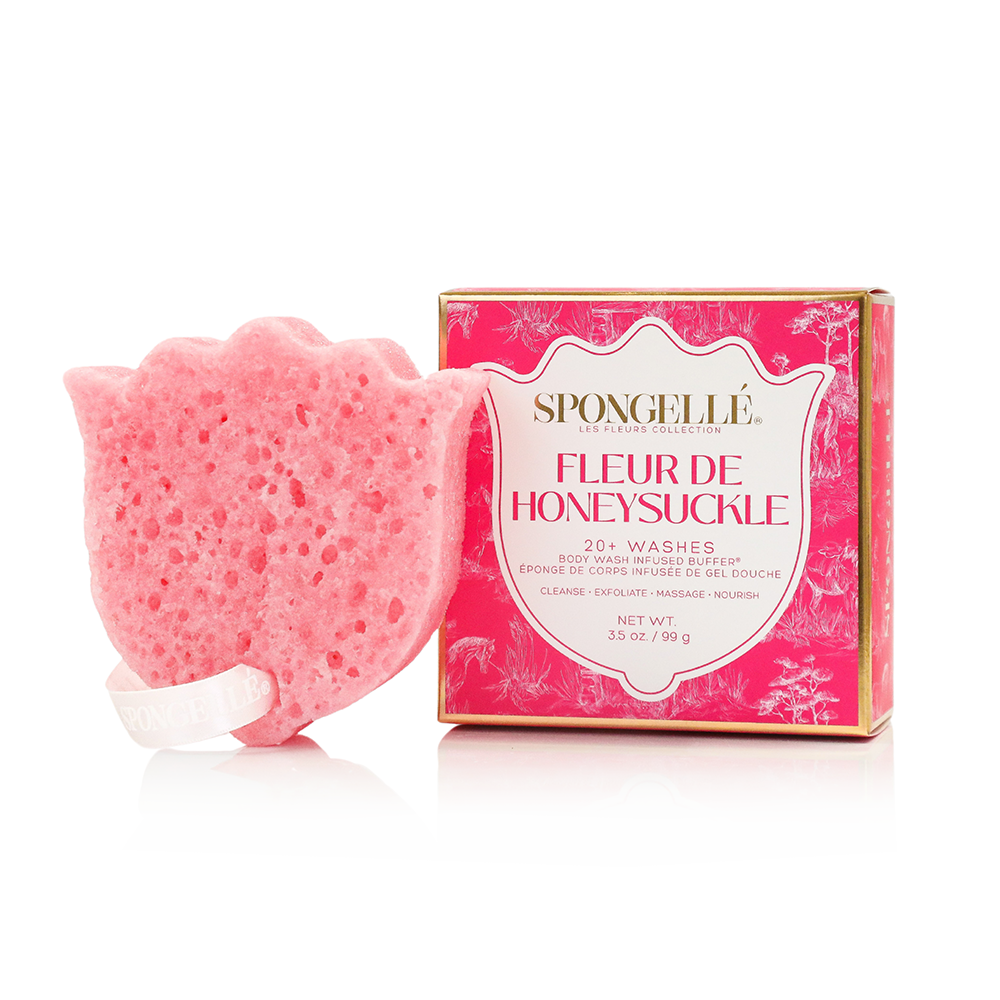 Spongellé Les Fleurs Body Buffer Trio Set 2 with three body wash-infused buffers in floral packaging