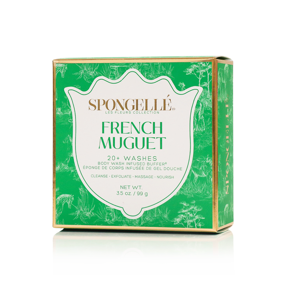Spongellé French Muguet Les Fleurs Body Buffer infused with body wash, featuring a floral design and soft sponge texture.