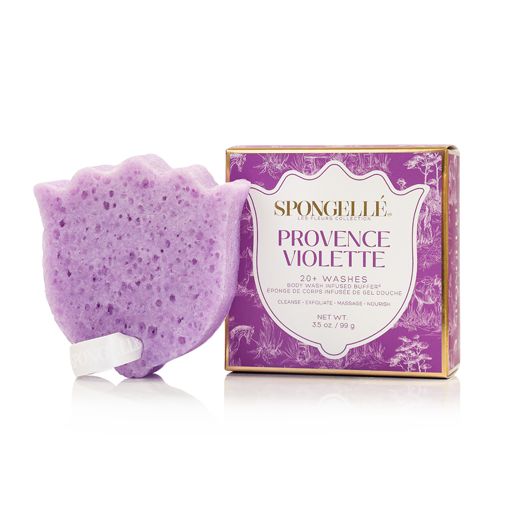 Spongellé Les Fleurs Body Buffer Trio Set 2 with body wash-infused buffers featuring floral scents and soft exfoliating textures.