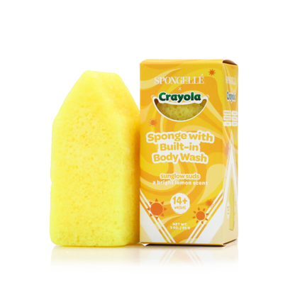 Spongellé Sunglow Suds Body Buffer infused with body wash in vibrant yellow with floral accents, designed for gentle cleansing.