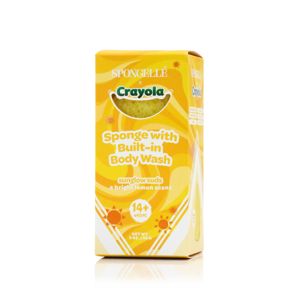 Spongellé Sunglow Suds Body Buffer infused with body wash, featuring a vibrant yellow and orange design, ideal for gentle cleansing.