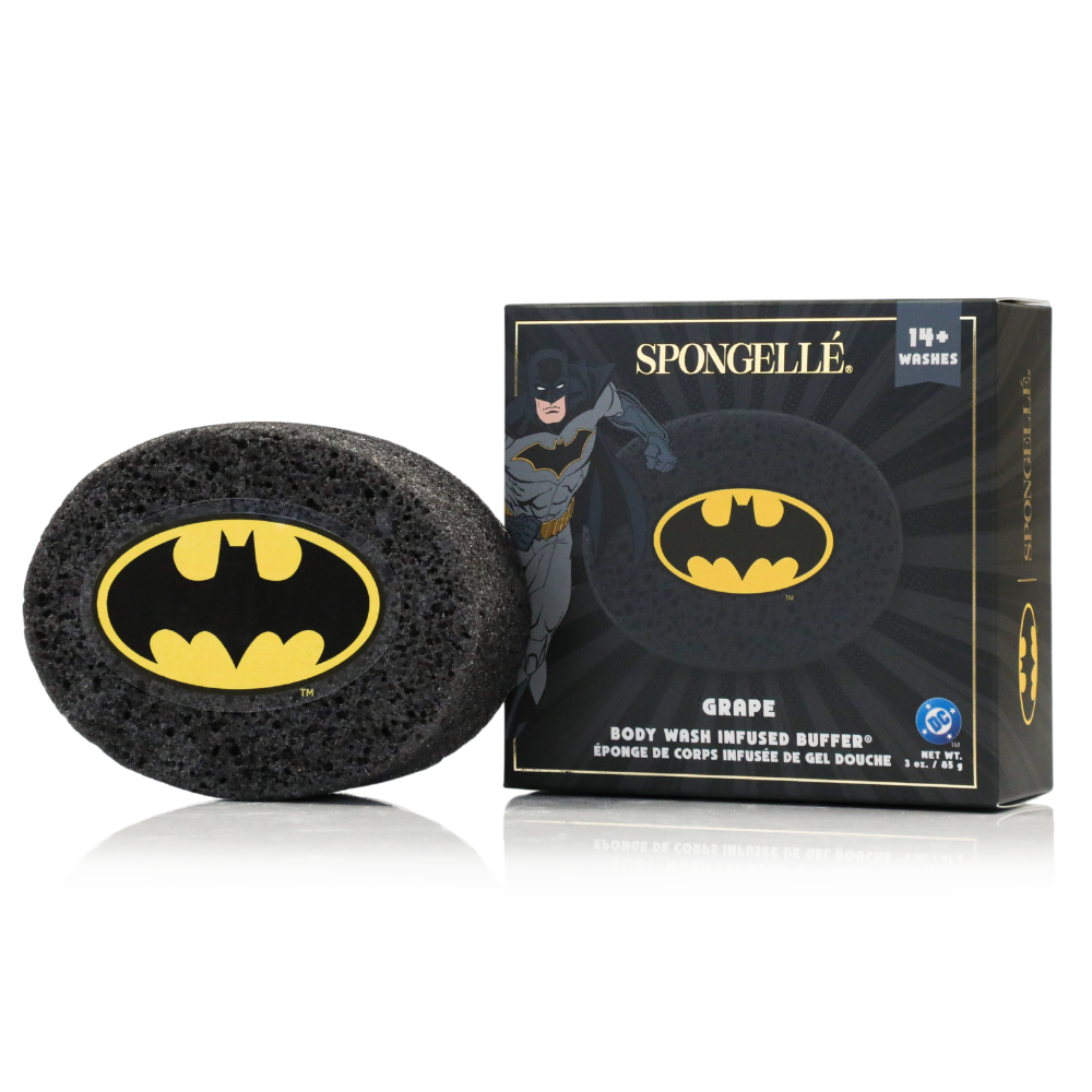 Batman Grape Body Buffer by Spongellé, DC superhero body wash infused buffer with purple and black design, ideal for cleansing and exfoliating.