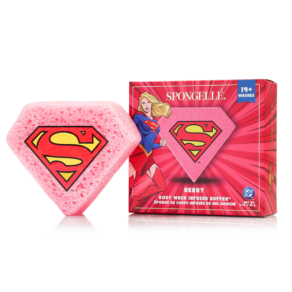 Supergirl™ Berry Body Buffer by Spongellé, a DC superhero-themed body wash infused buffer with purple and pink accents.