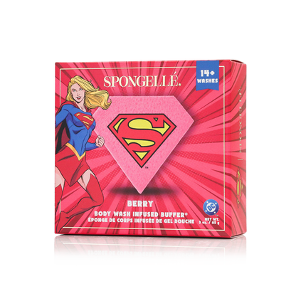 Supergirl™ Berry Body Buffer by Spongellé, a DC superhero-themed body wash infused buffer with vibrant purple and pink design.