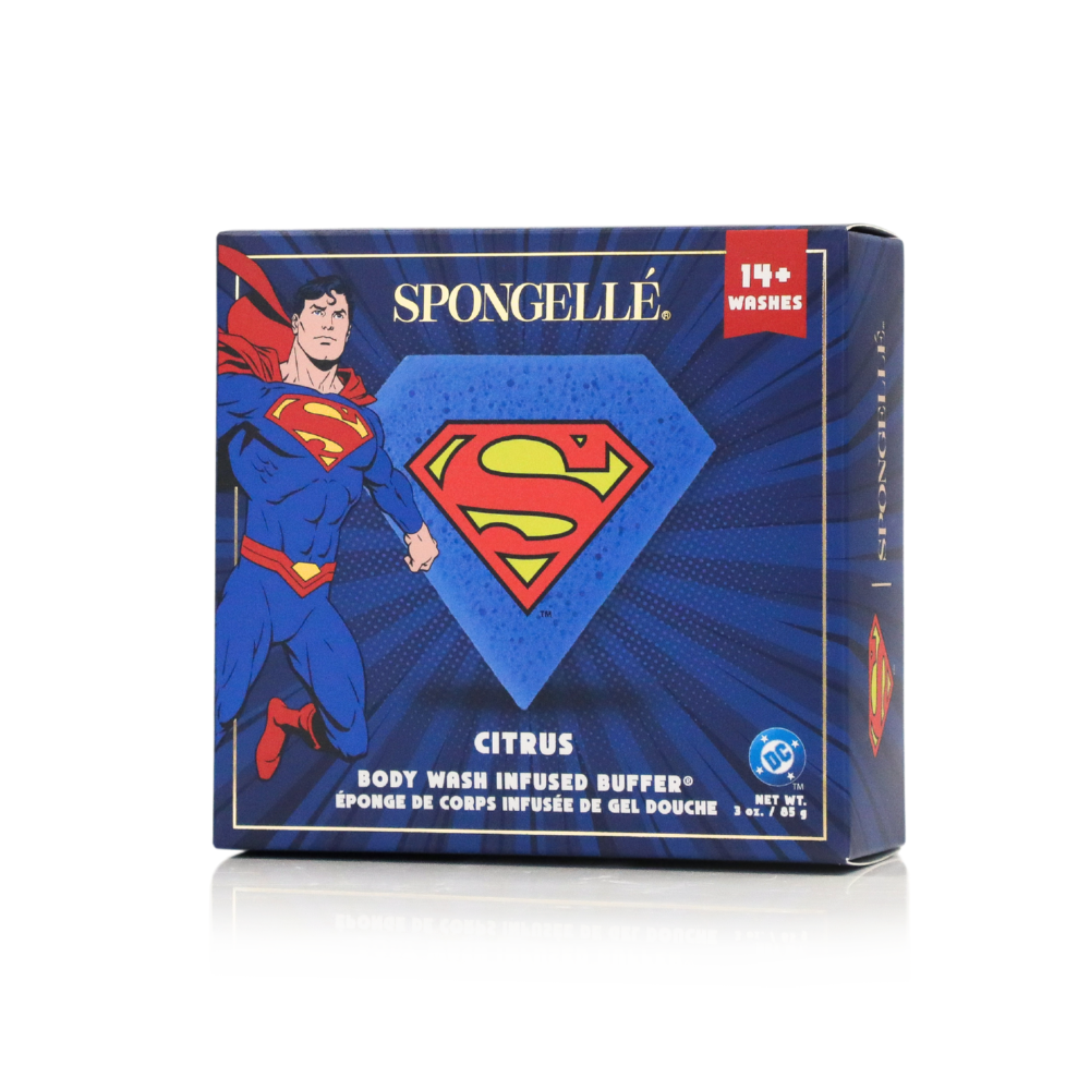 Superman™ Citrus Body Buffer by Spongellé, a DC superhero-themed body wash infused buffer with vibrant citrus design.