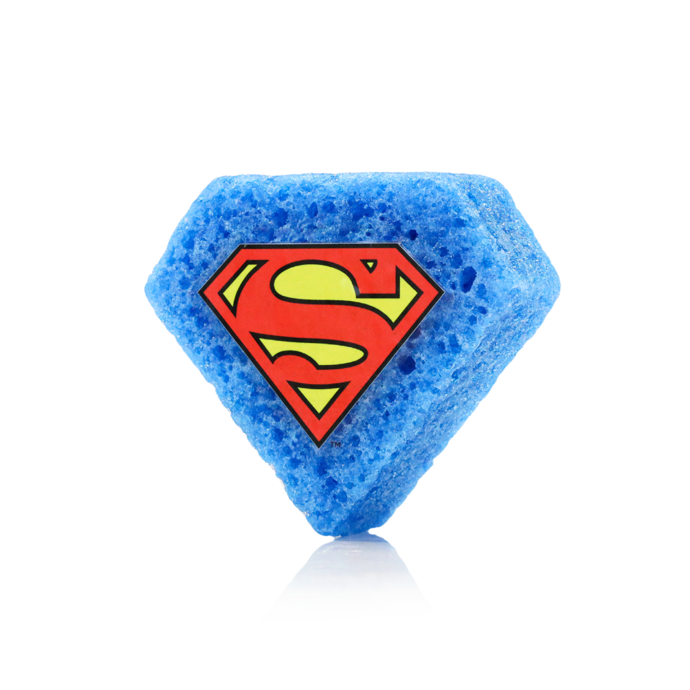 Superman™ Citrus Body Buffer by Spongellé, DC superhero-themed body wash infused buffer with vibrant yellow and blue design.
