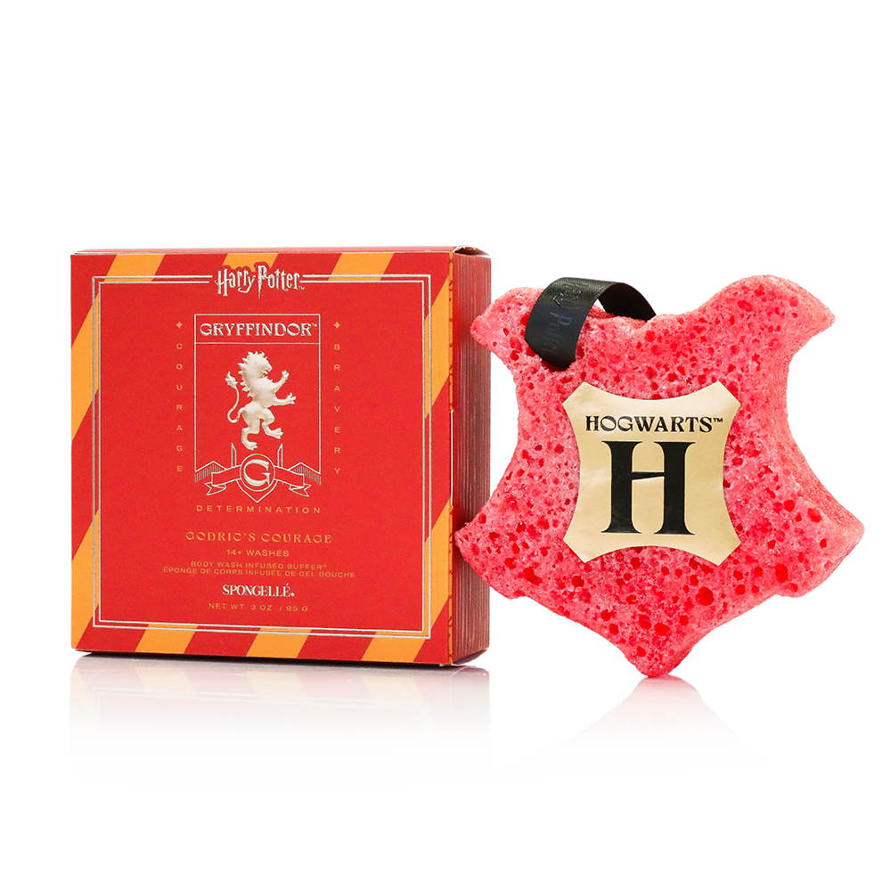 Spongellé Gryffindor Godric's Courage buffer from Harry Potter collection, body wash infused exfoliating buffer with red and gold design.