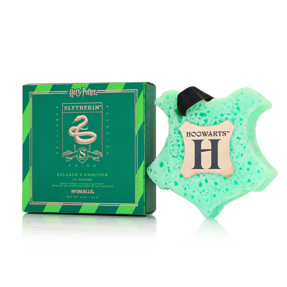 Spongellé Slytherin™ Salazar's Ambition Buffer, Harry Potter body wash infused buffer with green and silver design, rectangular shape.