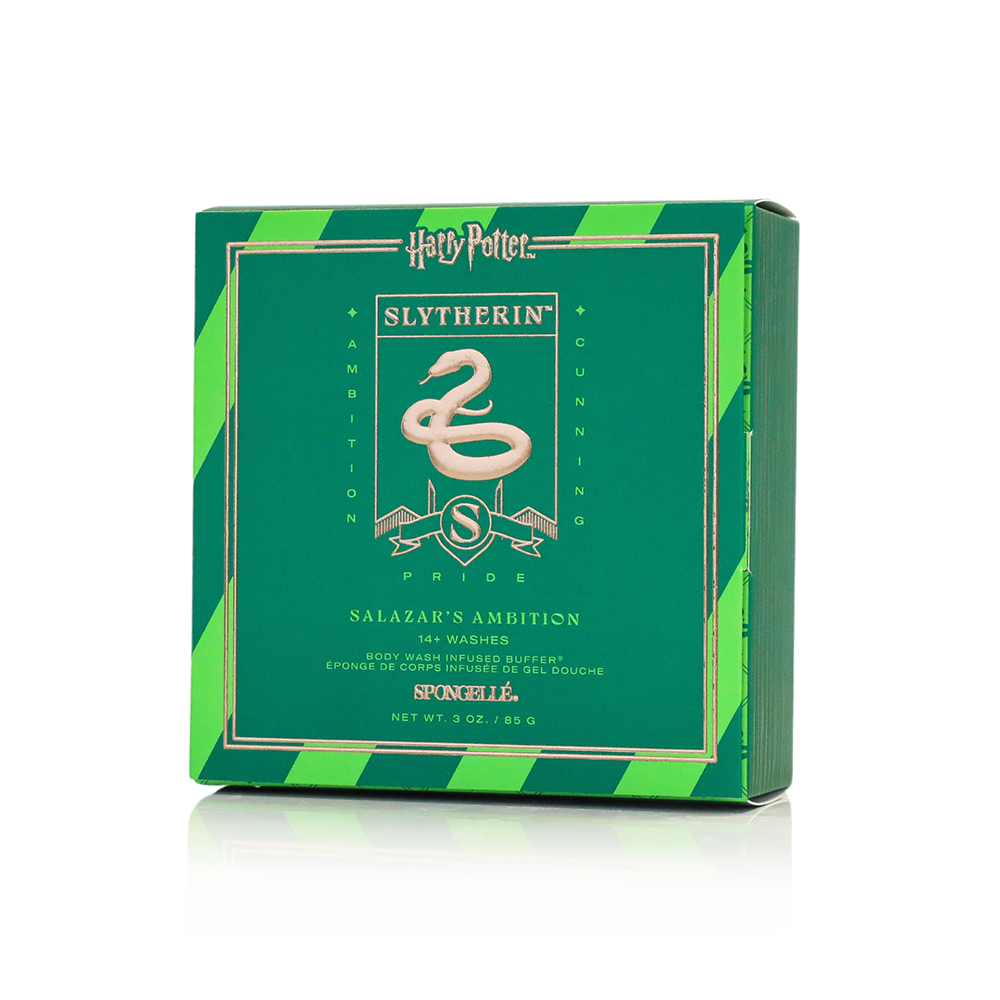 Slytherin™ Salazar's Ambition body wash infused buffer from Harry Potter™ Collection by Spongellé, with green and silver design details.