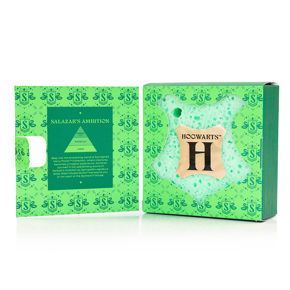 Spongellé Slytherin Salazar's Ambition Buffer body wash infused buffer from Harry Potter collection with green design and Slytherin branding.