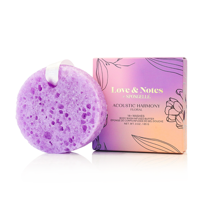 Spongellé Acoustic Harmony Love & Notes body wash infused buffer with floral and citrus scents, showing the textured sponge.