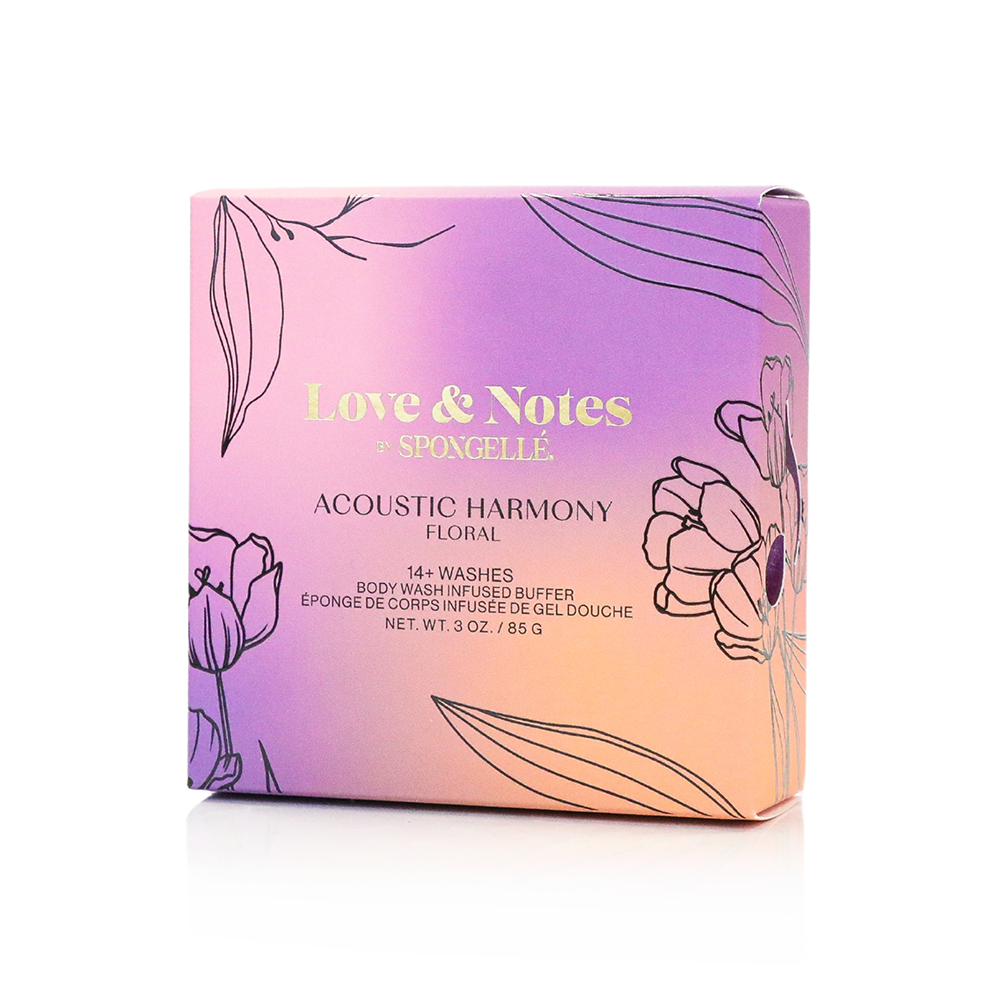 Spongellé Acoustic Harmony Love & Notes Body Wash Infused Buffer with floral and musky scent, textured exfoliating surface.