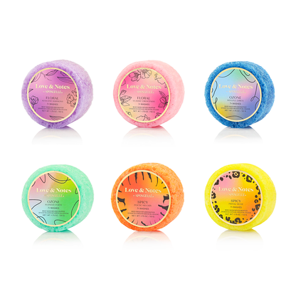 Spongellé Love & Notes Spongette assorted pack, body wash infused buffer with colorful sponges for gentle cleansing.