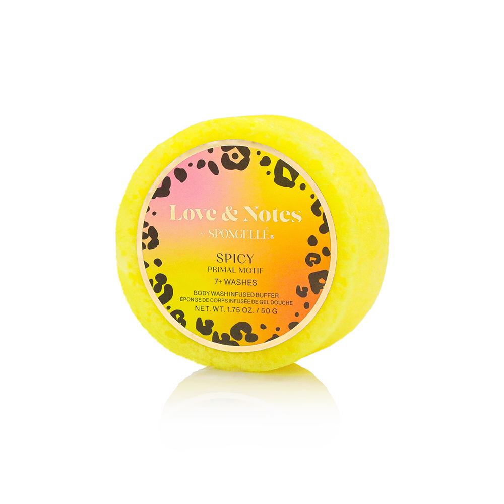 Spongellé Love & Notes Spongette Assorted Pack, body wash infused buffer with colorful sponges for gentle cleansing and exfoliation.