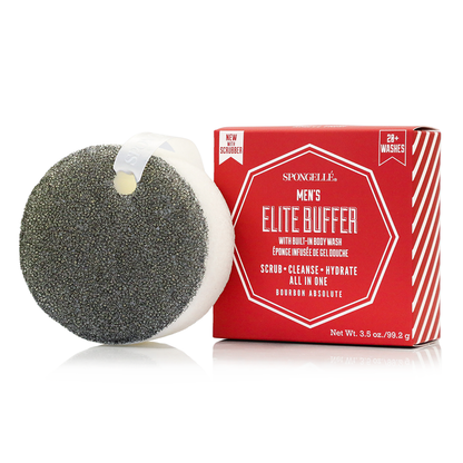 Black men's body wash infused buffer sponge with textured surface for cleansing and exfoliating skin.