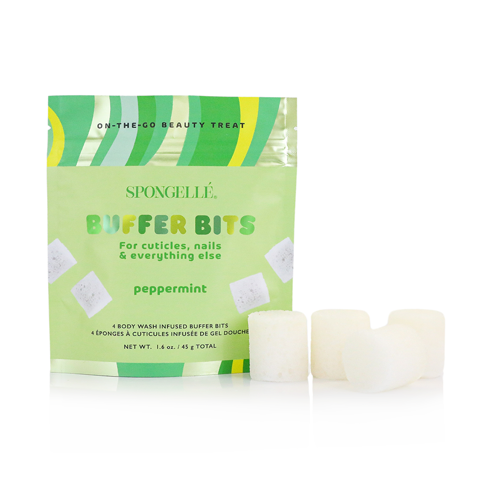 Spongellé PediPOP! Buffer Bits peppermint pedicure buffer showing textured surface for buffing and smoothing skin.