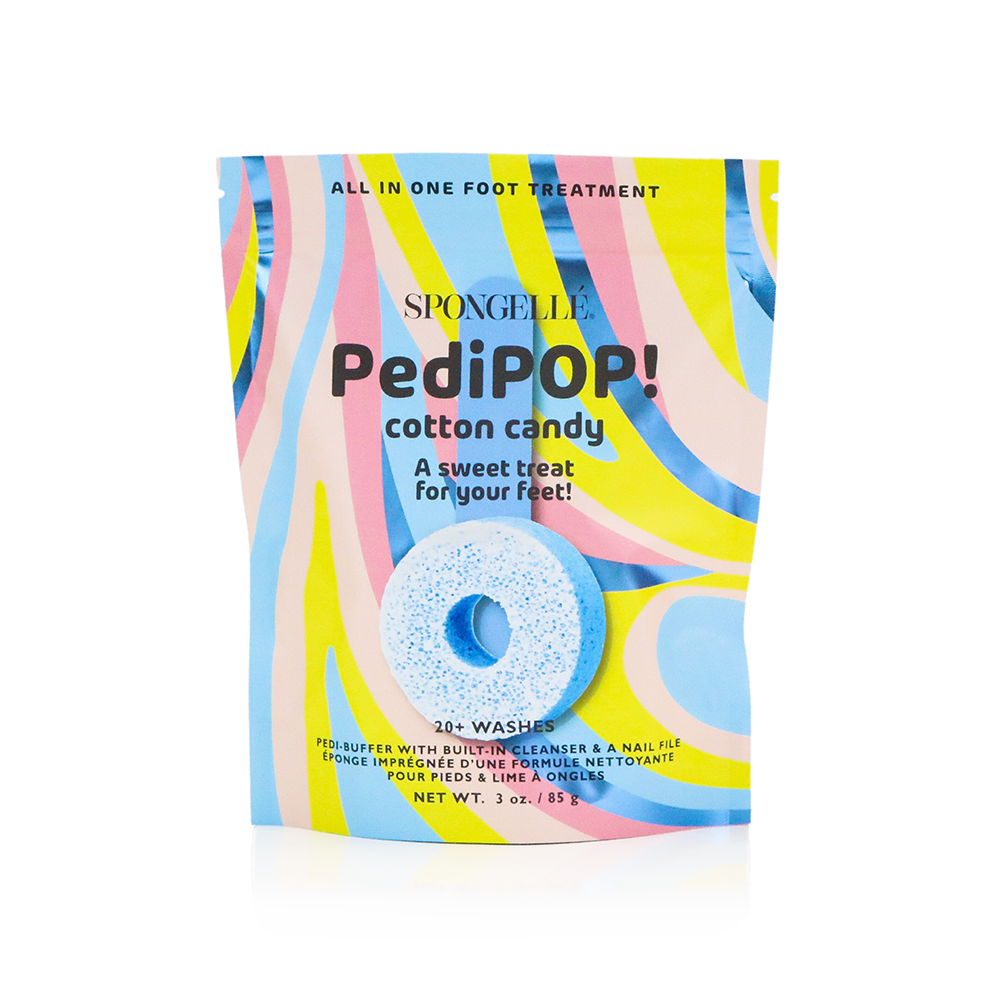 Spongellé PediPOP! Pedi Buffer and Nail File set with cotton candy scent, featuring pink and purple nail buffer tools.