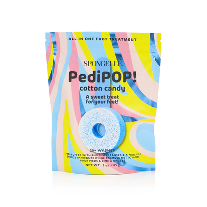 Spongellé PediPOP! Pedi Buffer and Nail File set with cotton candy scent, featuring pink and purple nail buffer tools.