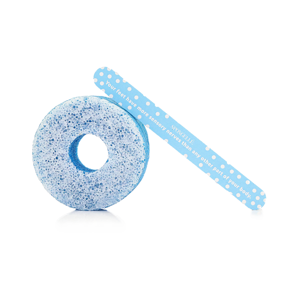 Spongellé PediPOP! Pedi Buffer and Nail File for smooth, soft feet with cotton candy scent, in a compact, colorful design.