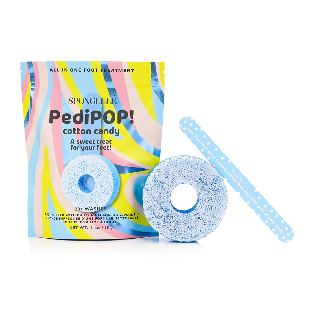 Spongellé PediPOP! Pedi Buffer and Nail File in cotton candy pink, featuring textured surface for smoothing and shaping nails.