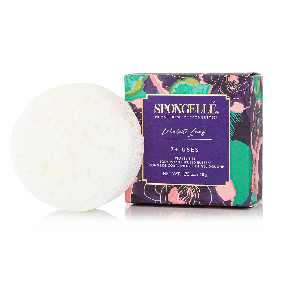 Violet Leaf Spongette body wash infused buffer by Spongellé, showing the textured sponge with violet leaf scent detail.