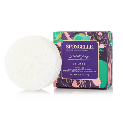 Violet Leaf Spongette body wash infused buffer by Spongellé, showing the textured sponge with violet leaf scent detail.