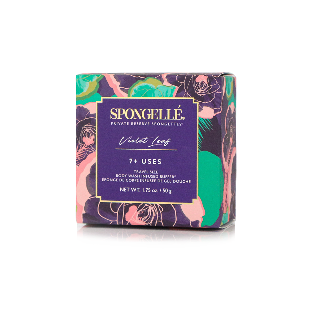 Violet Leaf Spongette body wash infused buffer from Spongellé, showing the textured sponge with violet leaf scent and botanical design.